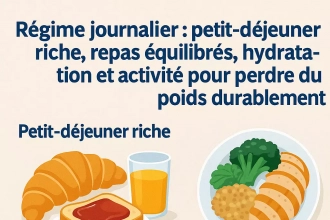 Régime journalier : petit-déjeuner riche, repas équilibrés, hydratation et activité pour perdre du poids durablement