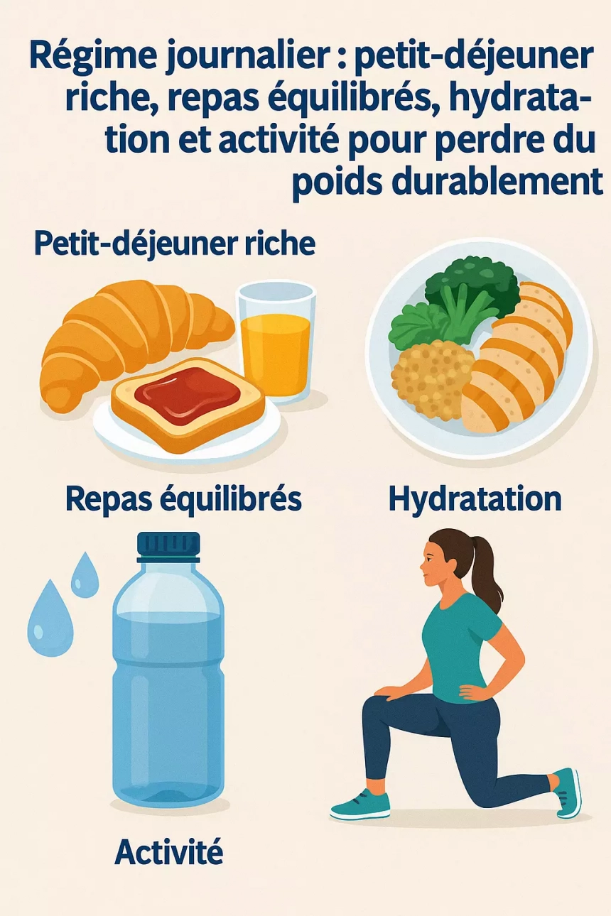 Régime journalier : petit-déjeuner riche, repas équilibrés, hydratation et activité pour perdre du poids durablement