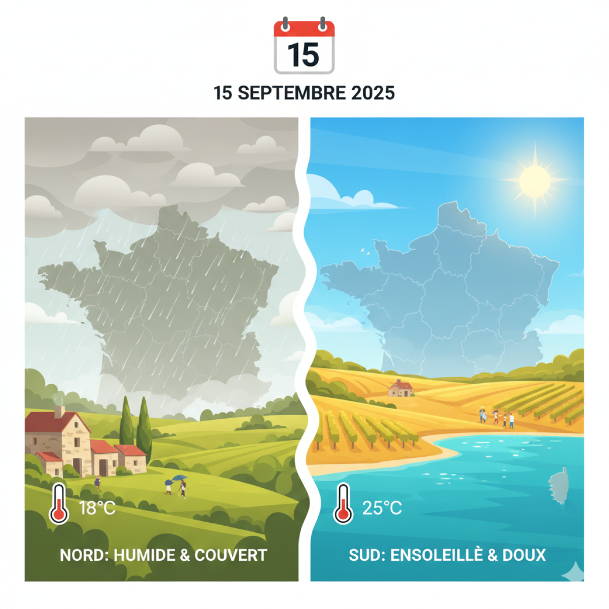 La météo en france du 15 septembre 2025 : nord humide et sud ensoleillé La météo en France du 15 septembre 2025 : Nord humide et Sud ensoleillé