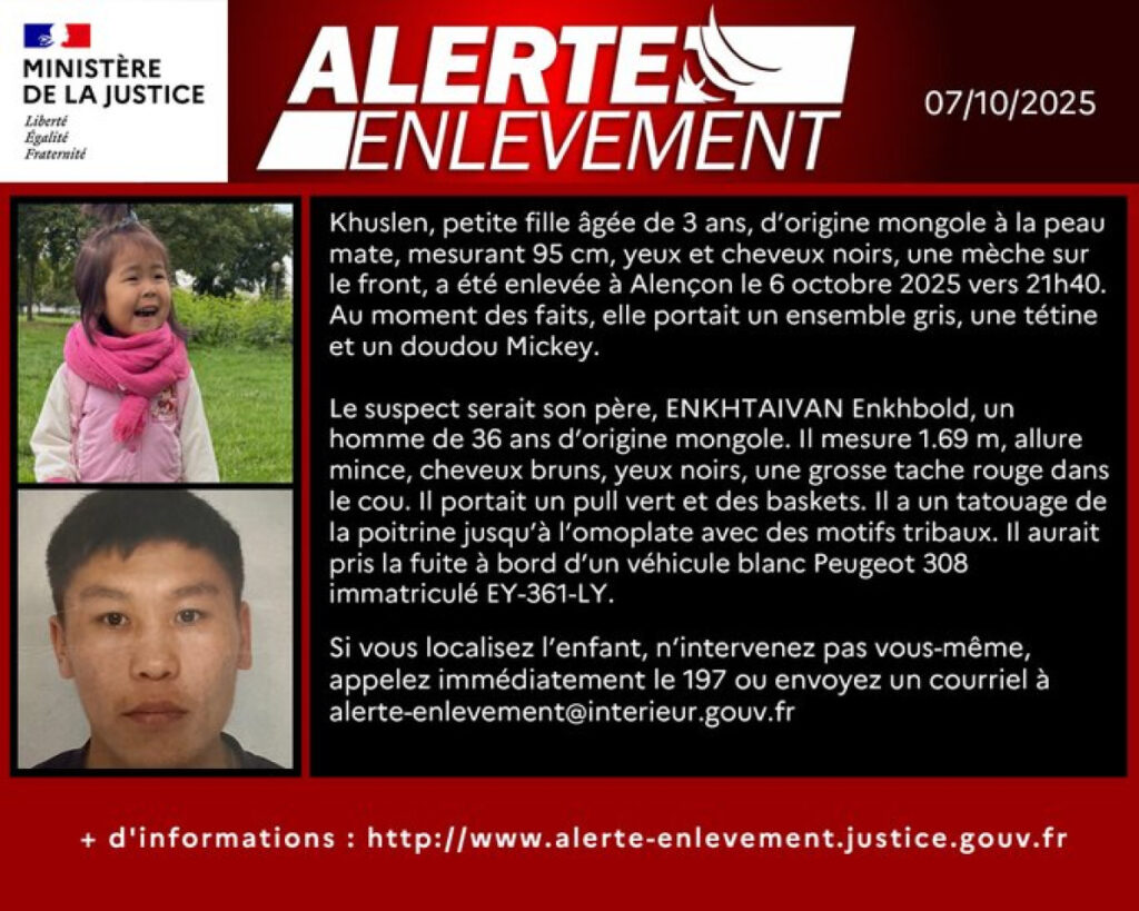 Alerte enlèvement pour khuslen, 3 ans, enlevée à alençon, dans le département de l'orne Alerte Enlèvement pour Khuslen, 3 ans, enlevée à Alençon, dans le département de l'Orne