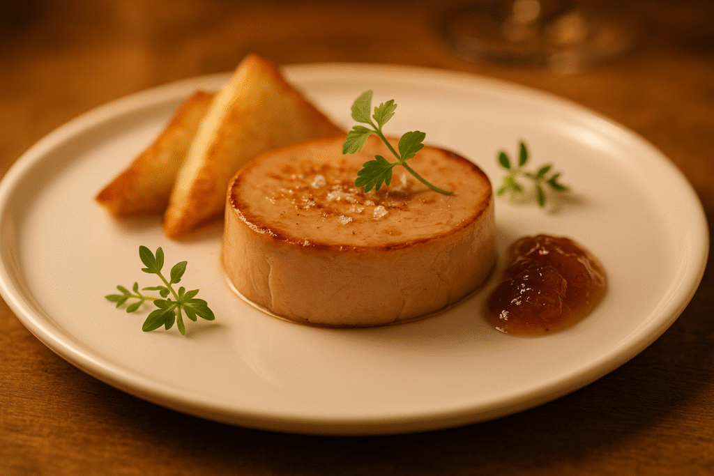 Foie gras stable à noël 2025 mais attention à 2026 Foie gras présenté sur assiette blanche avec garniture, photographie culinaire professionnelle, éclairage studio