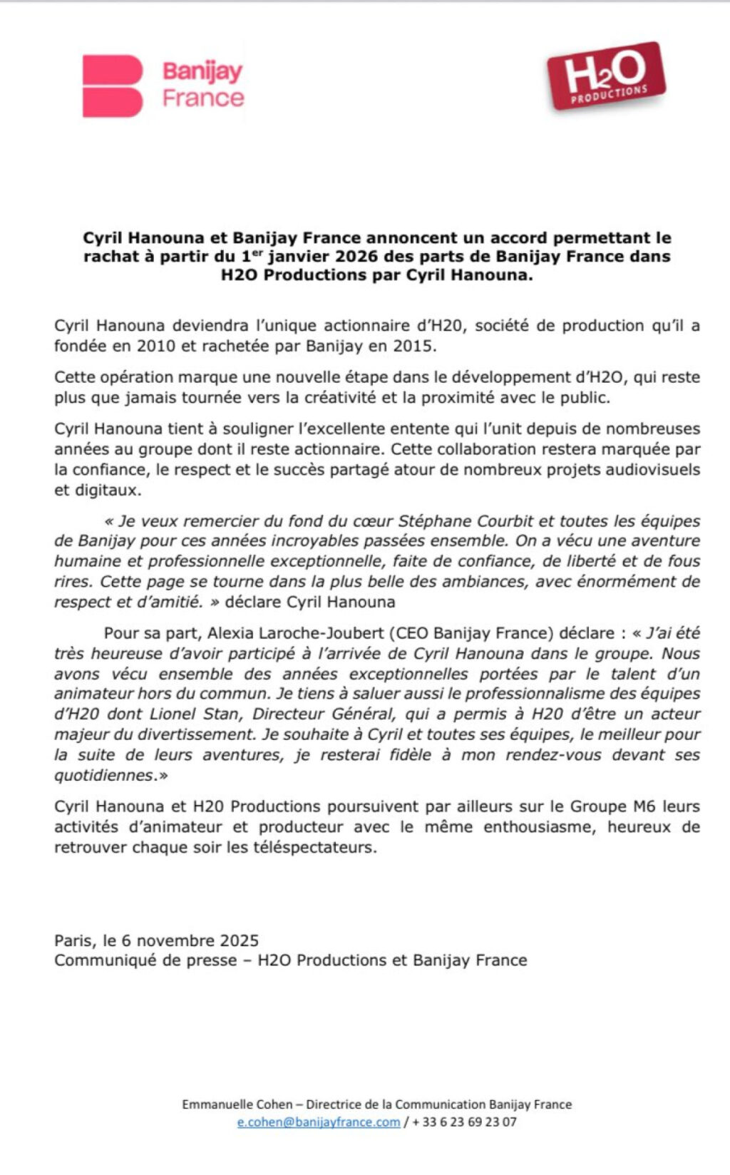Cyril hanouna reprend le contrôle total de sa société h2o productions en la rachetant à banijay Cyril Hanouna reprend le contrôle total de sa société H2O Productions en la rachetant à Banijay