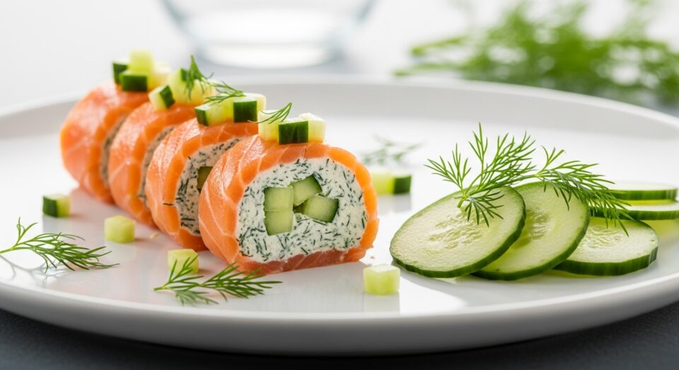 Le roulé de saumon fumé à la crème d’aneth et concombre croquant