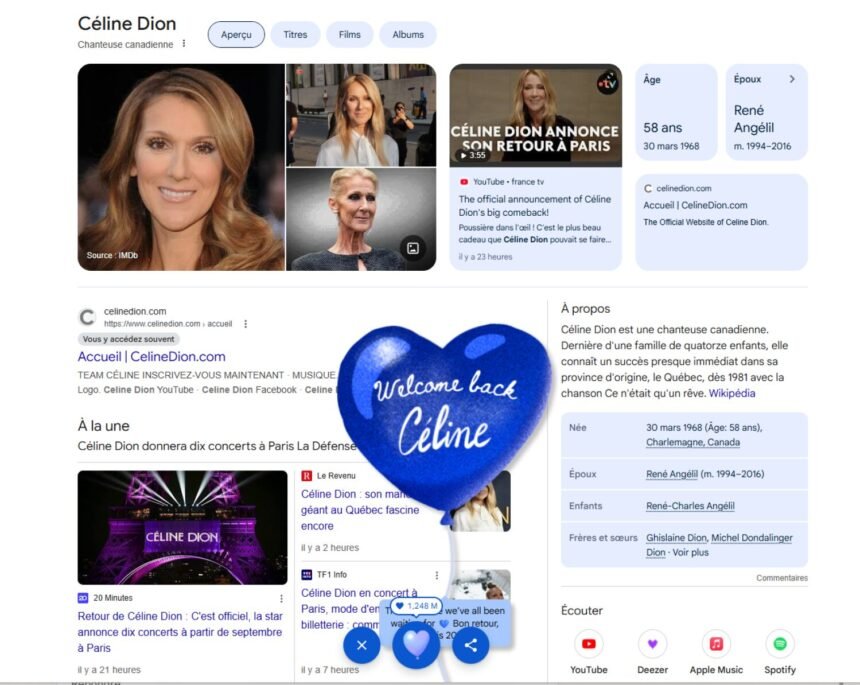 Google réserve un cœur animé aux fans de céline dion Google réserve un cœur animé aux fans de Céline Dion