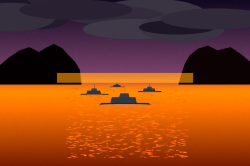 Détroit d'Hormuz : navires de guerre au coucher du soleil