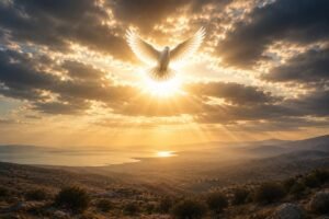 Colombe blanche survolant un paysage mediterraneen au coucher du soleil, symbole de paix au Moyen-Orient