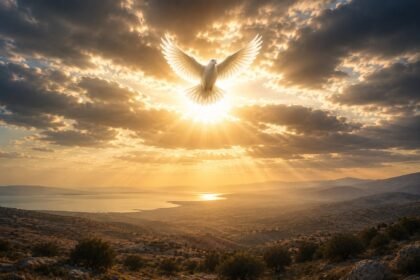 Guerre au moyen-orient : l'iran et les états-unis annoncent un accord de paix, signature le 19 juin en suisse Colombe blanche survolant un paysage mediterraneen au coucher du soleil, symbole de paix au Moyen-Orient