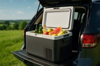 Glacière électrique portable : quel modèle choisir en 2026? Glaciere electrique portable a compression sur le coffre d une voiture lors d un road trip estival