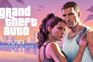 Jason Duval et Lucia Caminos devant Vice City, visuel officiel de Grand Theft Auto VI