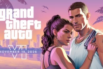 Jason Duval et Lucia Caminos devant Vice City, visuel officiel de Grand Theft Auto VI