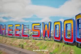 Hot Wheels Infinite Rush, panneau Heelswood parodiant Hollywood dans le jeu de course arcade Milestone et Mattel
