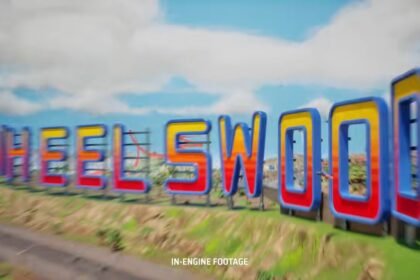 Hot Wheels Infinite Rush, panneau Heelswood parodiant Hollywood dans le jeu de course arcade Milestone et Mattel