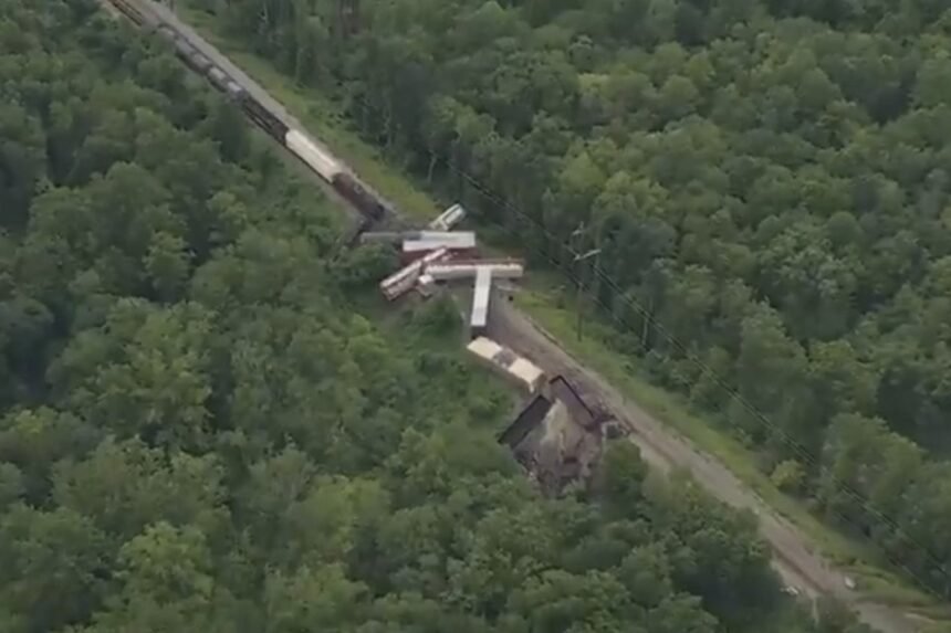 Pennsylvanie : un train de marchandises déraille, les habitants confinés près de philadelphie Vue aérienne du déraillement du train de fret à Bensalem, en Pennsylvanie