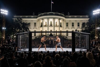 L'octogone de l'UFC Freedom 250 installé devant la Maison Blanche de nuit