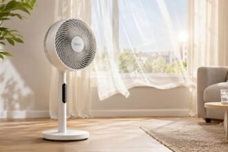 Ventilateur colonne Levoit blanc dans un salon lumineux pendant l'été