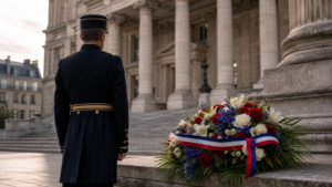 Alfred dreyfus : une première cérémonie nationale ce dimanche Officier en uniforme devant un palais de justice et une gerbe tricolore, illustration de l’hommage national à Alfred Dreyfus