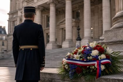 Alfred dreyfus : une première cérémonie nationale ce dimanche Officier en uniforme devant un palais de justice et une gerbe tricolore, illustration de l’hommage national à Alfred Dreyfus