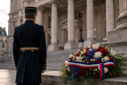 Alfred dreyfus : une première cérémonie nationale ce dimanche Officier en uniforme devant un palais de justice et une gerbe tricolore, illustration de l’hommage national à Alfred Dreyfus