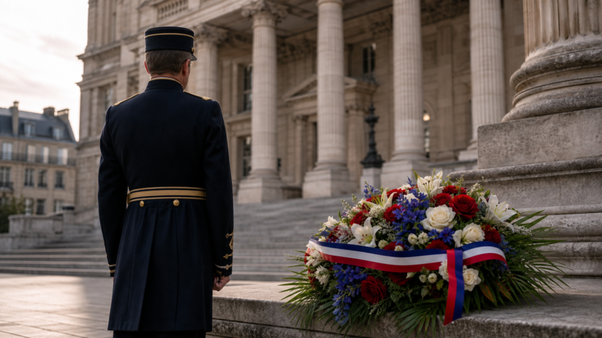 Alfred dreyfus : une première cérémonie nationale ce dimanche Officier en uniforme devant un palais de justice et une gerbe tricolore, illustration de l’hommage national à Alfred Dreyfus