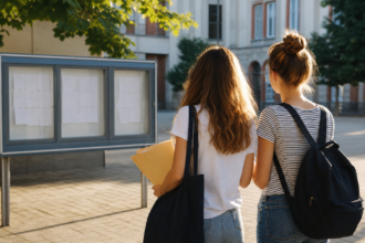 Deux lycéennes consultent un panneau de résultats dans une cour d’établissement