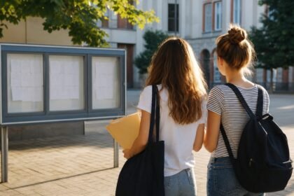 Bac 2026 : le taux de réussite s’établit à 91,4 % Deux lycéennes consultent un panneau de résultats dans une cour d’établissement