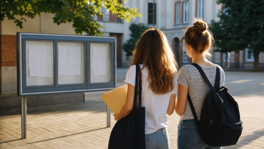 Deux lycéennes consultent un panneau de résultats dans une cour d’établissement