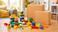 Briques de construction colorées génériques et boîtes sans marque sur une table
