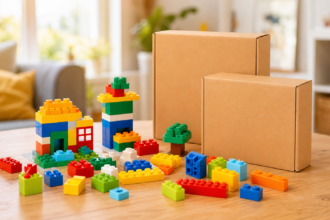 Briques de construction colorées génériques et boîtes sans marque sur une table