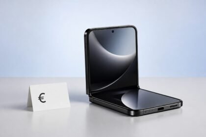 Smartphone pliant générique en studio illustrant une offre promotionnelle sur un téléphone haut de gamme