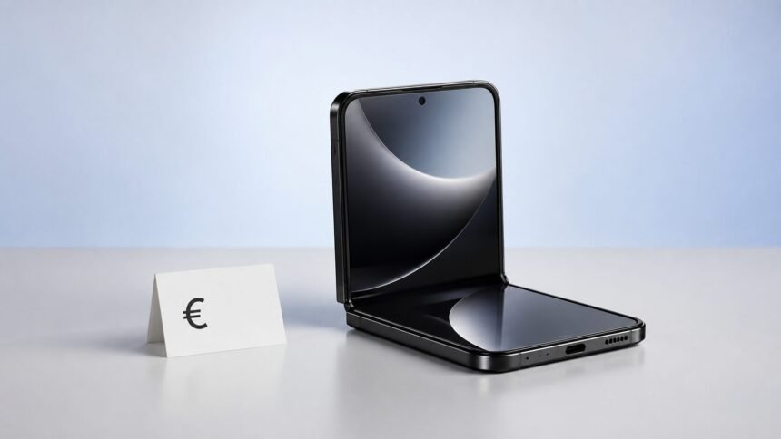 Smartphone pliant générique en studio illustrant une offre promotionnelle sur un téléphone haut de gamme
