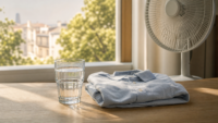 Verre d’eau, chemise légère et ventilateur dans une pièce lumineuse pendant une journée chaude