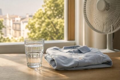 Verre d’eau, chemise légère et ventilateur dans une pièce lumineuse pendant une journée chaude