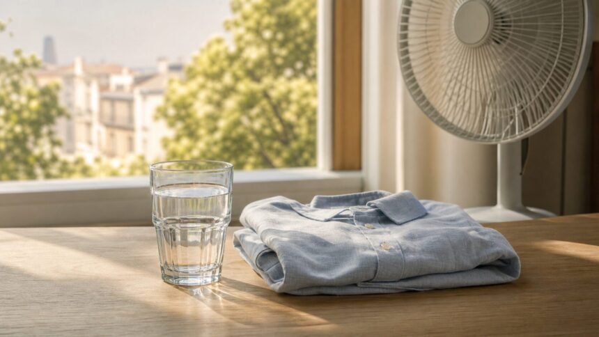 Verre d’eau, chemise légère et ventilateur dans une pièce lumineuse pendant une journée chaude