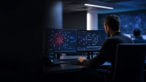 Analyste en cybersécurité devant des écrans de supervision réseau