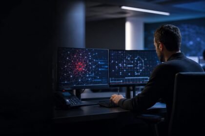 Analyste en cybersécurité devant des écrans de supervision réseau
