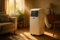 Climatiseur mobile blanc dans un salon lumineux en été