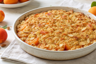Crumble aux abricots frais et amandes effilées dans un plat en céramique