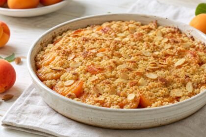 Crumble aux abricots frais et amandes effilées dans un plat en céramique