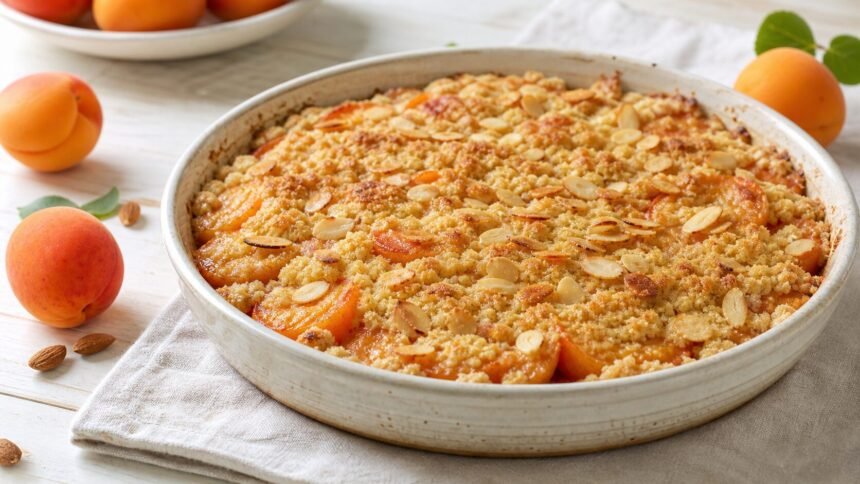 Crumble aux abricots et aux amandes : un dessert d’été prêt en 40 minutes Crumble aux abricots frais et amandes effilées dans un plat en céramique