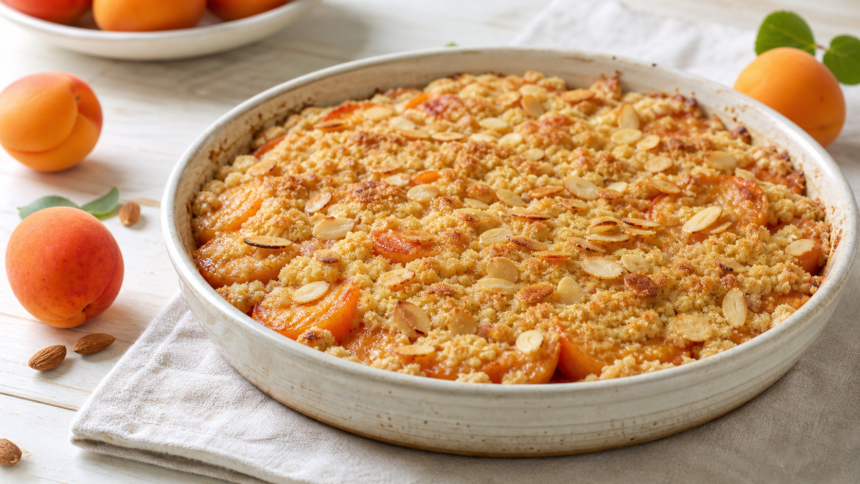 Crumble aux abricots frais et amandes effilées dans un plat en céramique