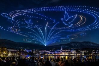 Spectacle de drones lumineux formant des colombes dans le ciel nocturne