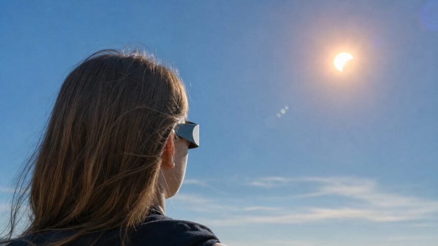 Éclipse solaire du 12 août 2026 : les précautions à prendre pour l’observer Personne observant une éclipse solaire avec des lunettes de protection