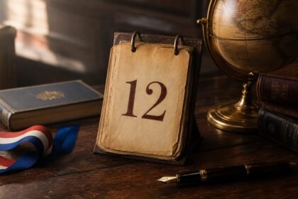Calendrier affichant le 12 juillet, globe ancien, livres et ruban tricolore sur un bureau