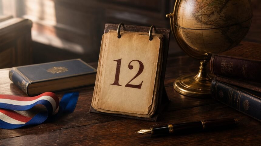 Calendrier affichant le 12 juillet, globe ancien, livres et ruban tricolore sur un bureau