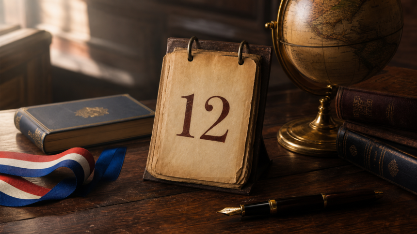 Éphéméride du 12 juillet : dreyfus réhabilité, les bleus champions du monde Calendrier affichant le 12 juillet, globe ancien, livres et ruban tricolore sur un bureau