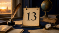 Calendrier du 13 juillet avec plume, montre de poche et globe, illustrant une éphéméride historique