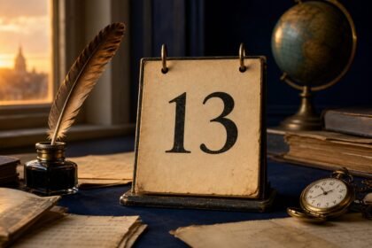 Éphéméride du 13 juillet : marat assassiné, premier but de la coupe du monde et live aid Calendrier du 13 juillet avec plume, montre de poche et globe, illustrant une éphéméride historique