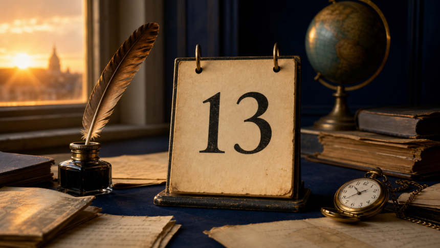 Éphéméride du 13 juillet : marat assassiné, premier but de la coupe du monde et live aid Calendrier du 13 juillet avec plume, montre de poche et globe, illustrant une éphéméride historique