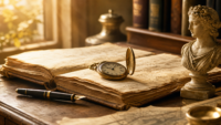 Éphéméride du 15 juillet : saint bonaventure, rembrandt et la pierre de rosette Manuscrit ancien, montre de poche et buste classique dans une lumière matinale dorée