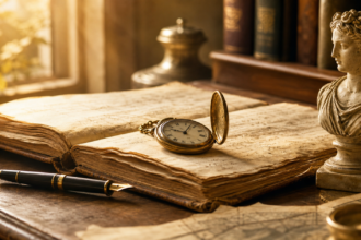 Éphéméride du 15 juillet : saint bonaventure, rembrandt et la pierre de rosette Manuscrit ancien, montre de poche et buste classique dans une lumière matinale dorée